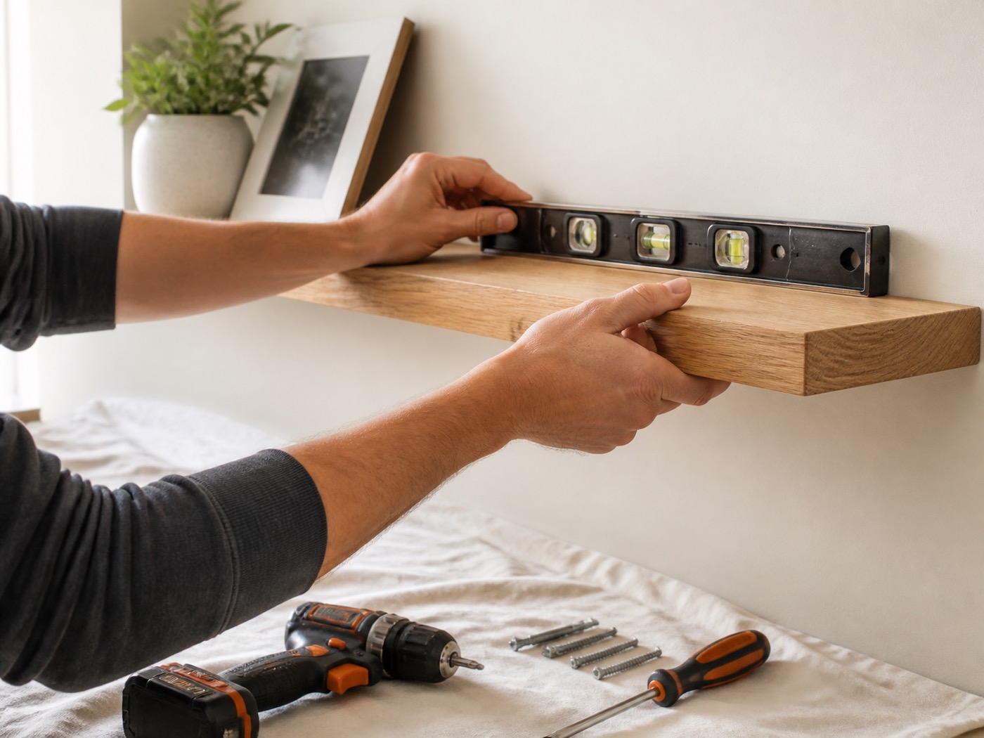 Careful installation of a floating wood shelf